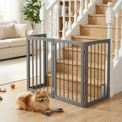 83" L X 30" H Dog Gate, 4-Panel Wooden Pet Fence, Gray