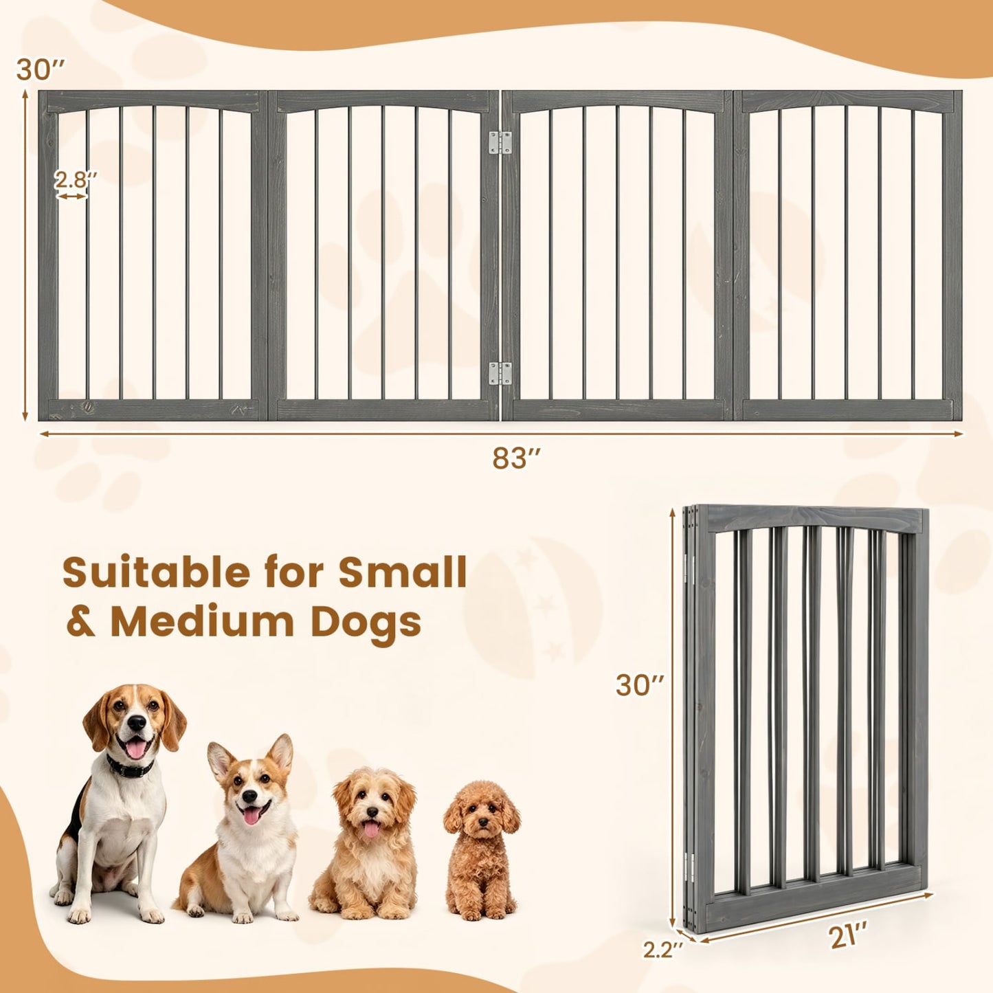 83" L X 30" H Dog Gate, 4-Panel Wooden Pet Fence, Gray