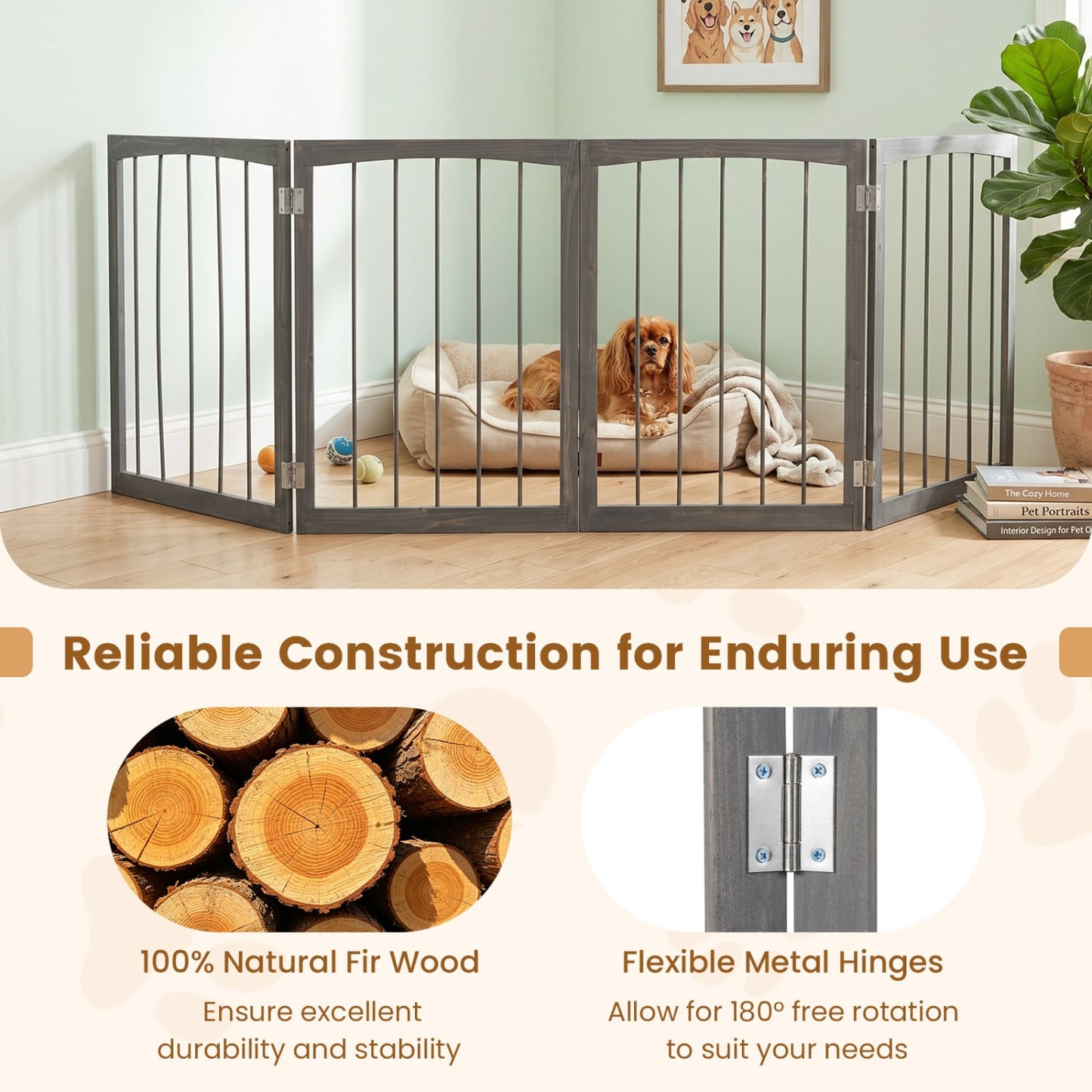 83" L X 30" H Dog Gate, 4-Panel Wooden Pet Fence, Gray