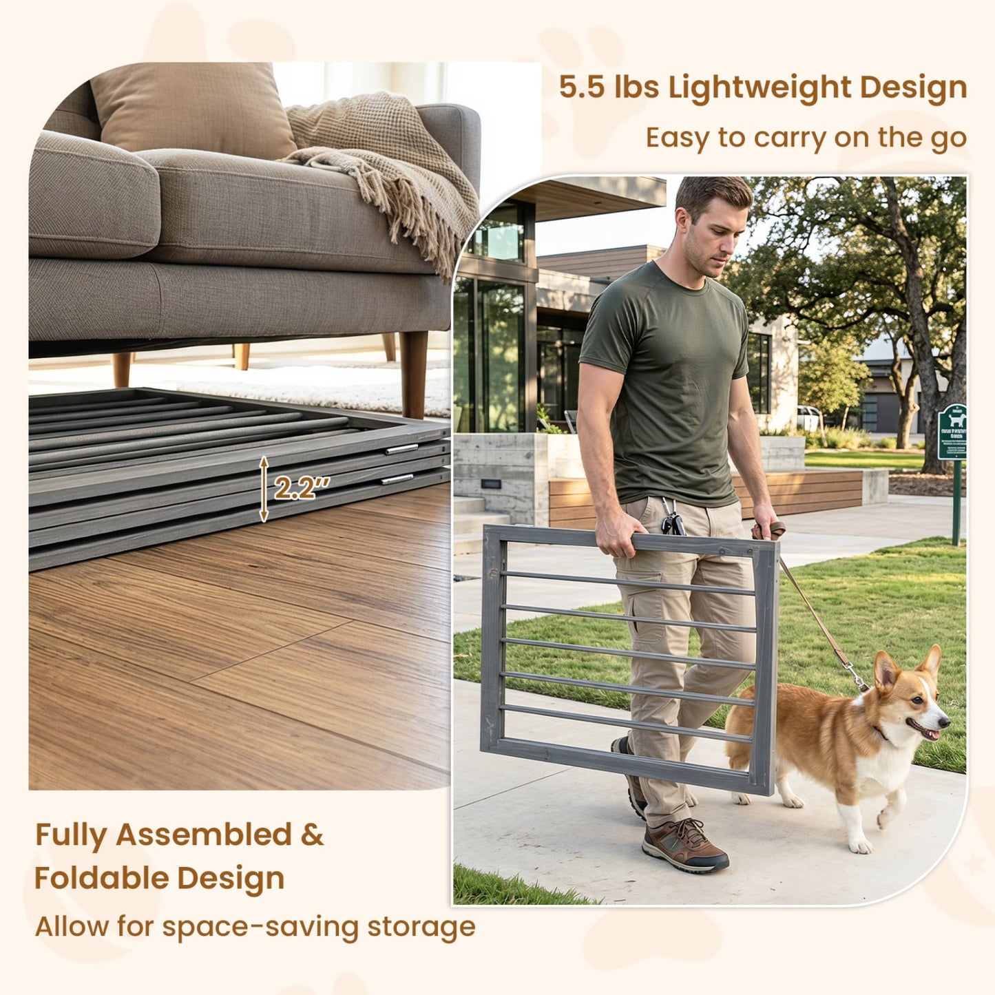 83" L X 30" H Dog Gate, 4-Panel Wooden Pet Fence, Gray
