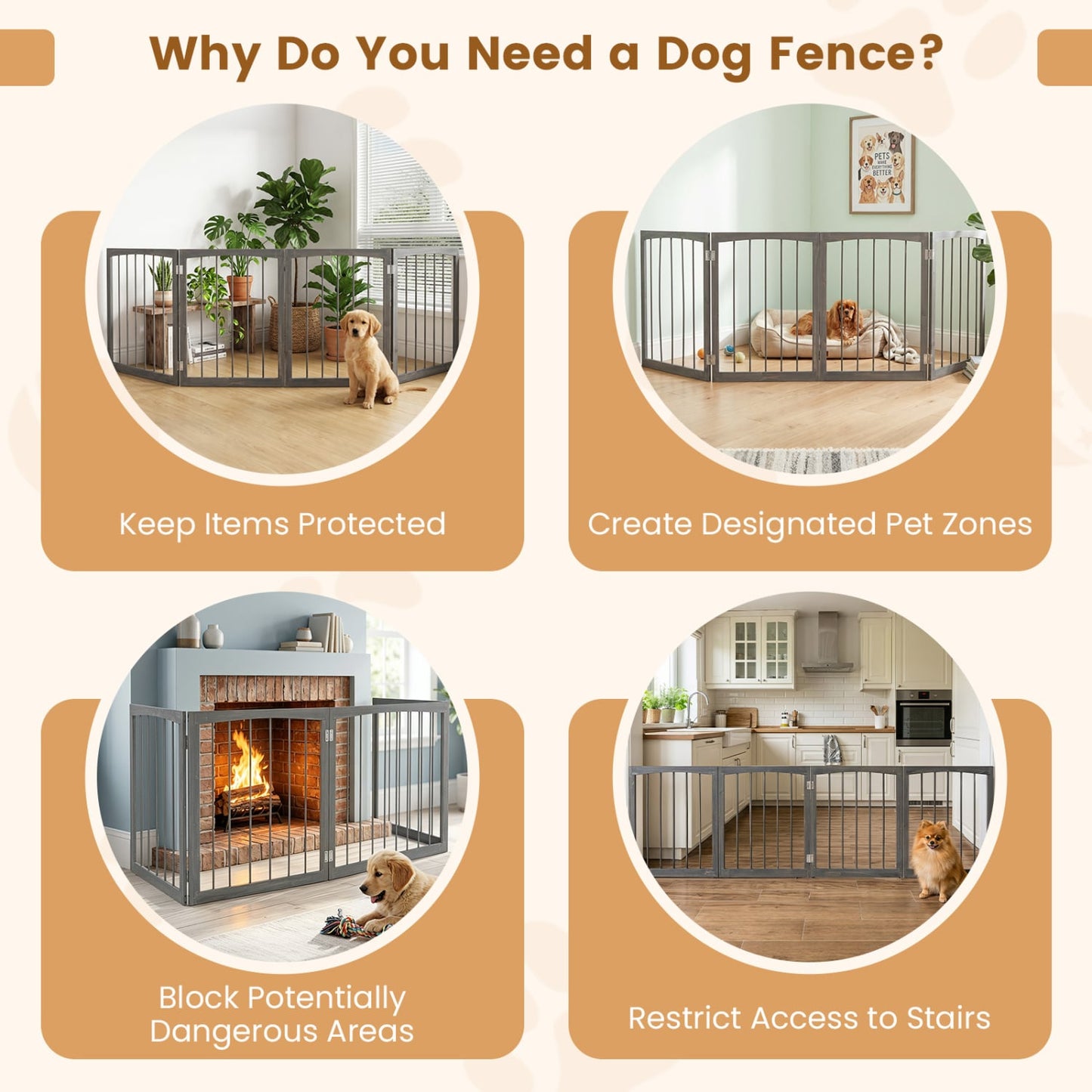83" L X 30" H Dog Gate, 4-Panel Wooden Pet Fence, Gray