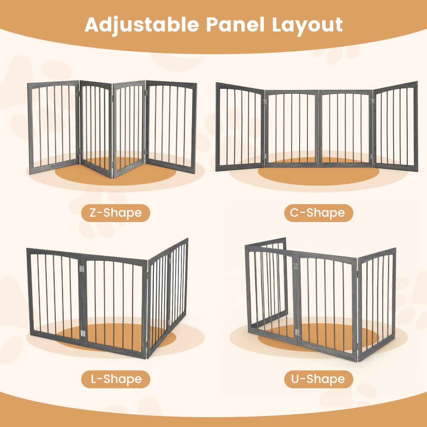 83" L X 30" H Dog Gate, 4-Panel Wooden Pet Fence, Gray