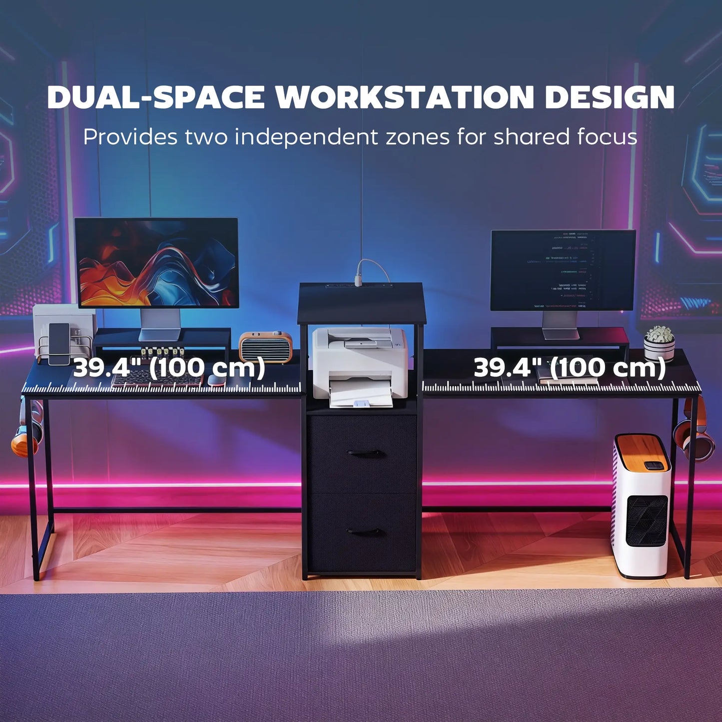 Bureau de jeu de 96 pouces, Bureau double pour ordinateurs, Noir