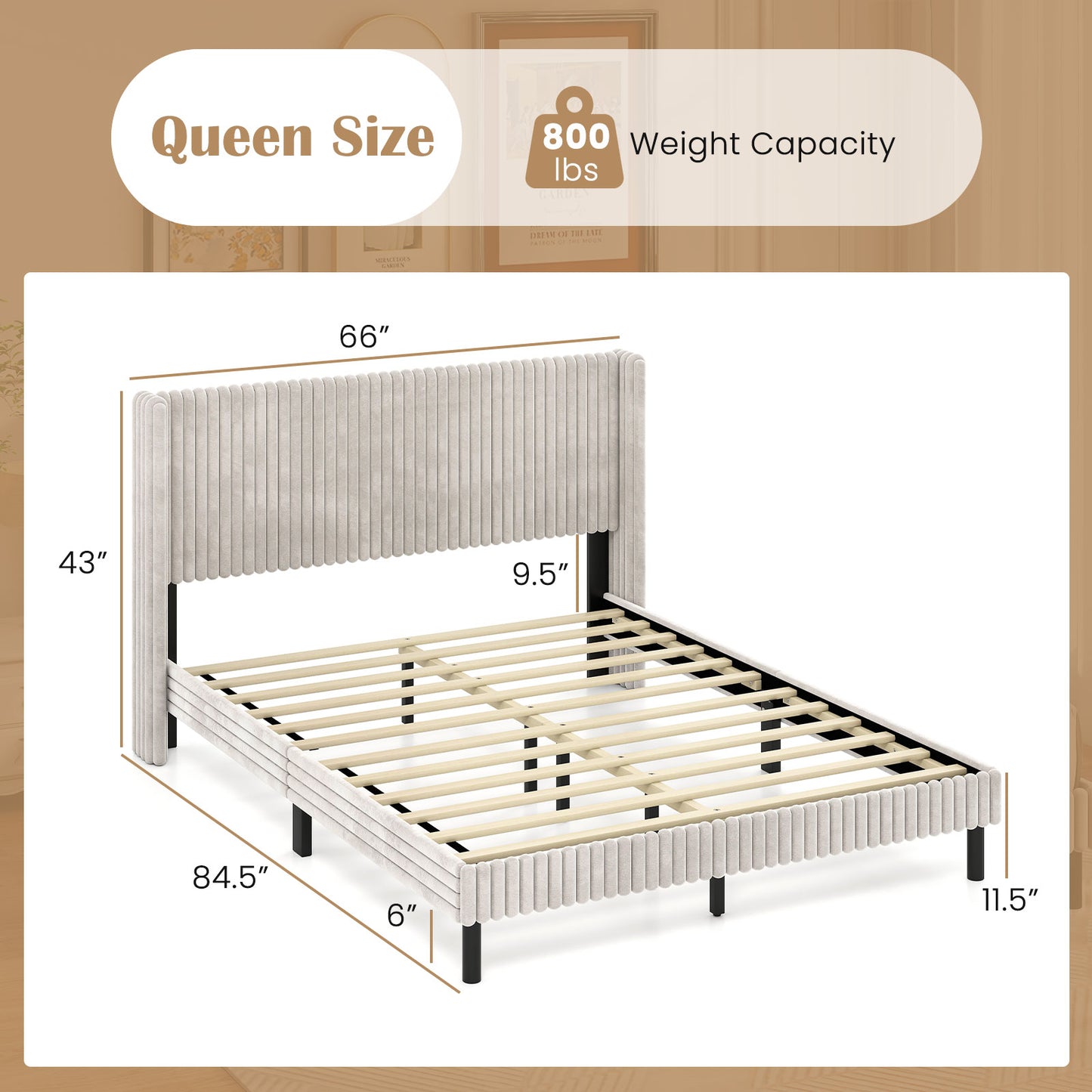 Queen Size Velvet Bed Frame with Vertical Channel Tufted Wingback Headboard, White Simple Bed Frame at Gallery Canada