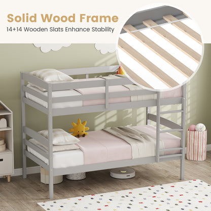 Solid Wood Twin Over Twin Bunk Bed Frame with High Guardrails and Integrated Ladder, Gray Bunk Bed Frame at Gallery Canada