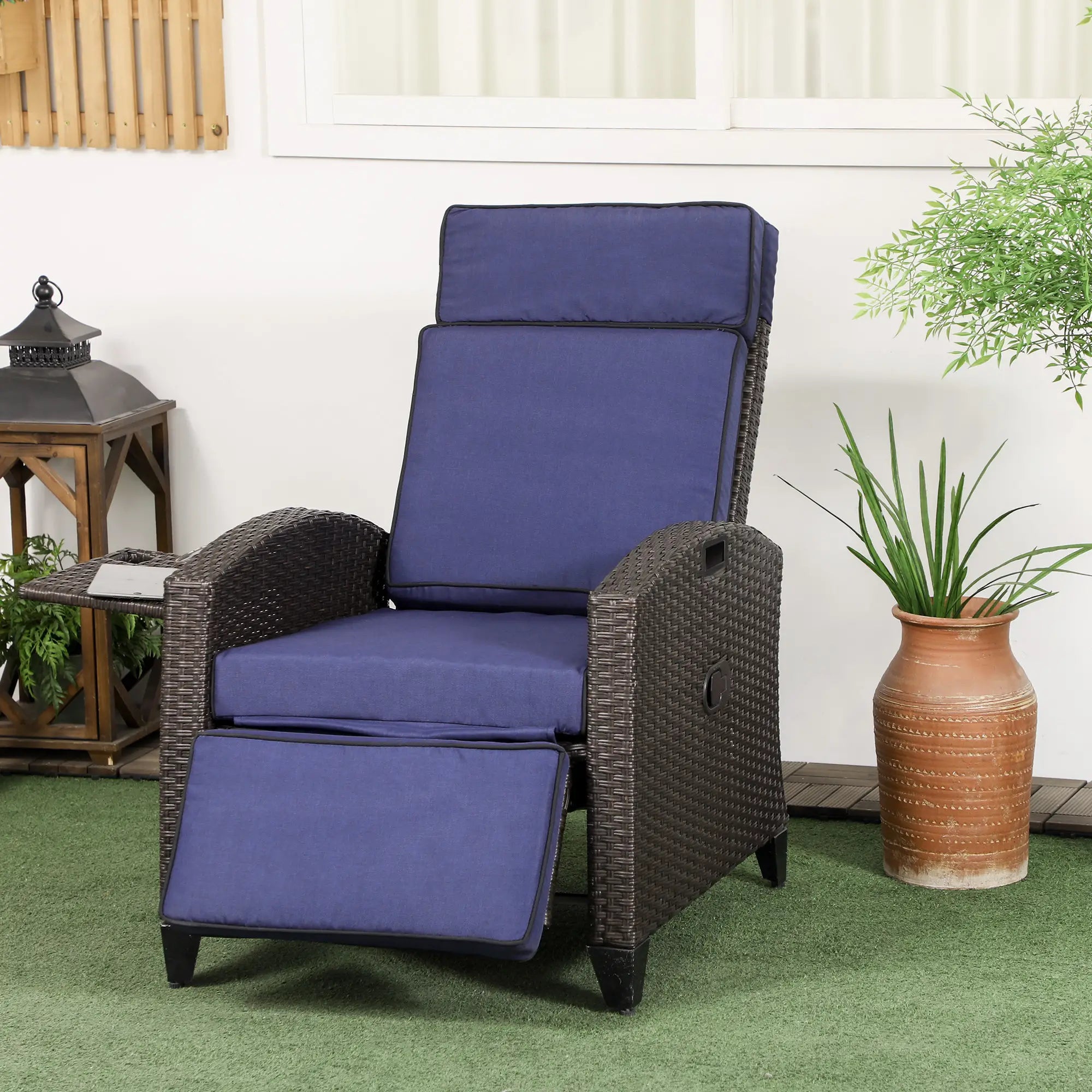 Outdoor Recliner Chair, Adjustable Backrest, Cushion, Side Tray, Blue Chaise Loungers at Gallery Canada