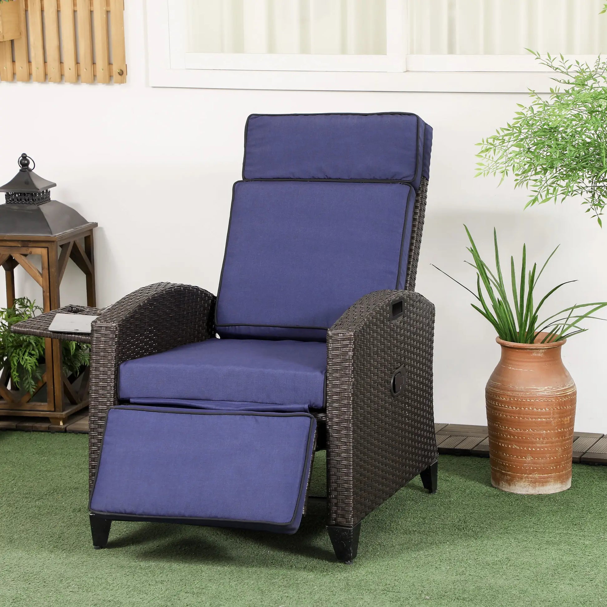 Outdoor Recliner Chair, Adjustable Backrest, Cushion, Side Tray, Blue Chaise Loungers at Gallery Canada