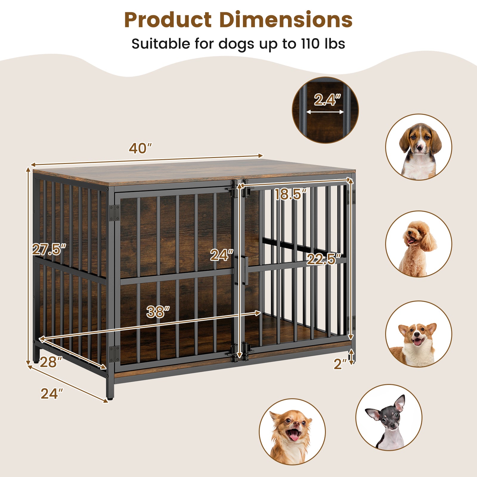 40 Inch Dog Crate Furniture Dog Kennel with Dual Lockable Double Doors, Rustic Brown Dog Kennels at Gallery Canada