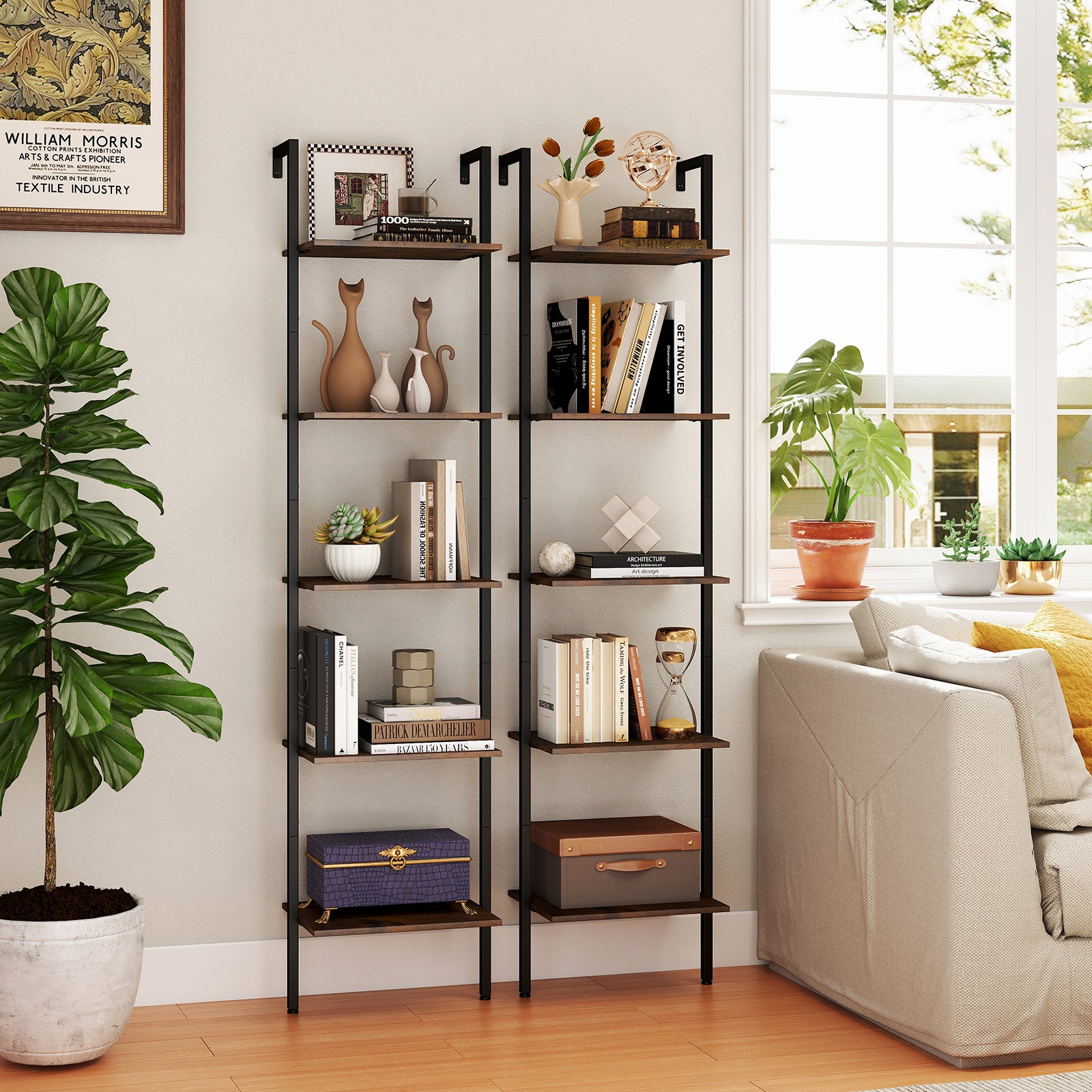5 Tier Wall Mount Ladder Shelf with Anti-Tipping Kits for Home Office, Rustic Brown Bookcases at Gallery Canada