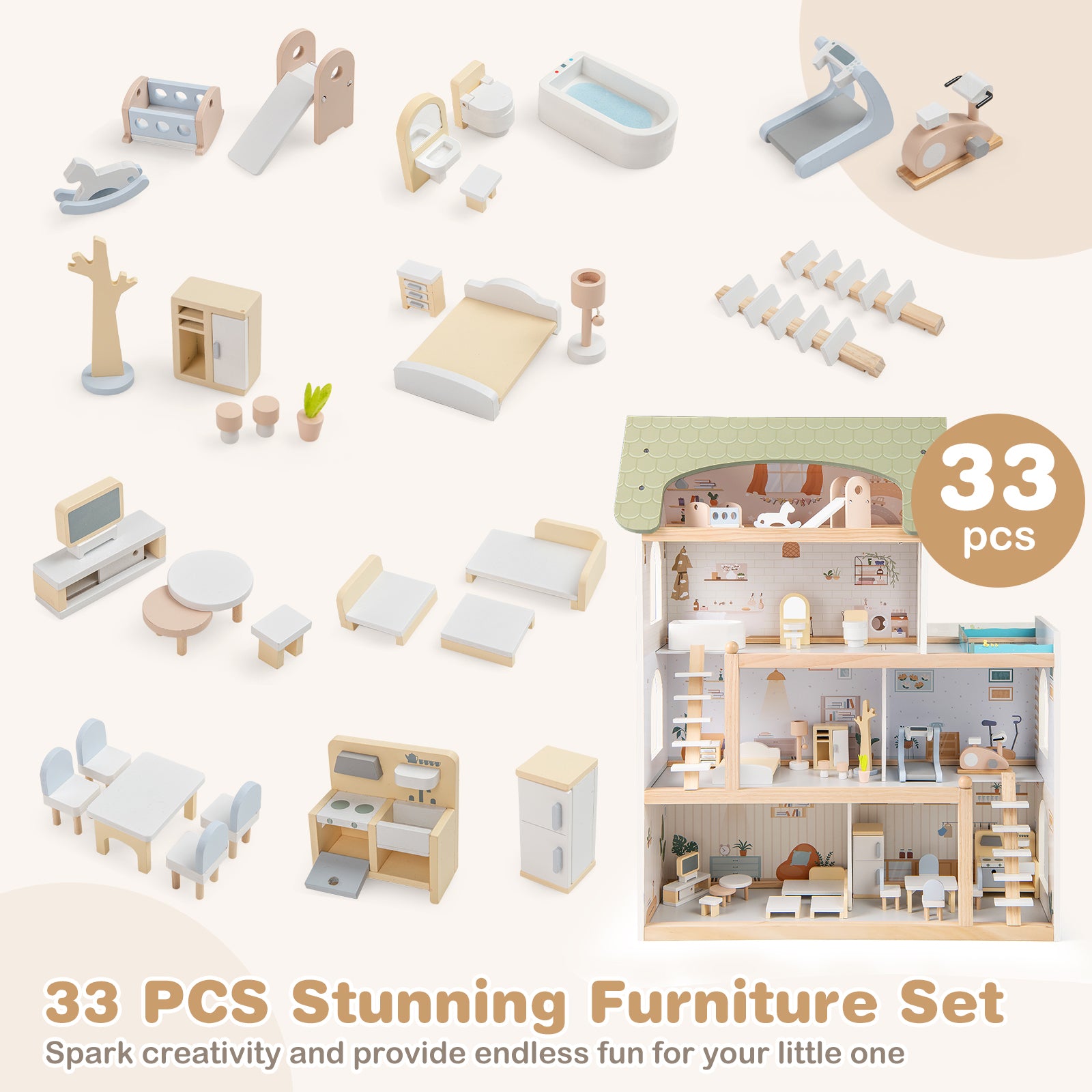 Wooden Dollhouse With 33 PCS Furniture, Green Play Tents & Playhouse at Gallery Canada