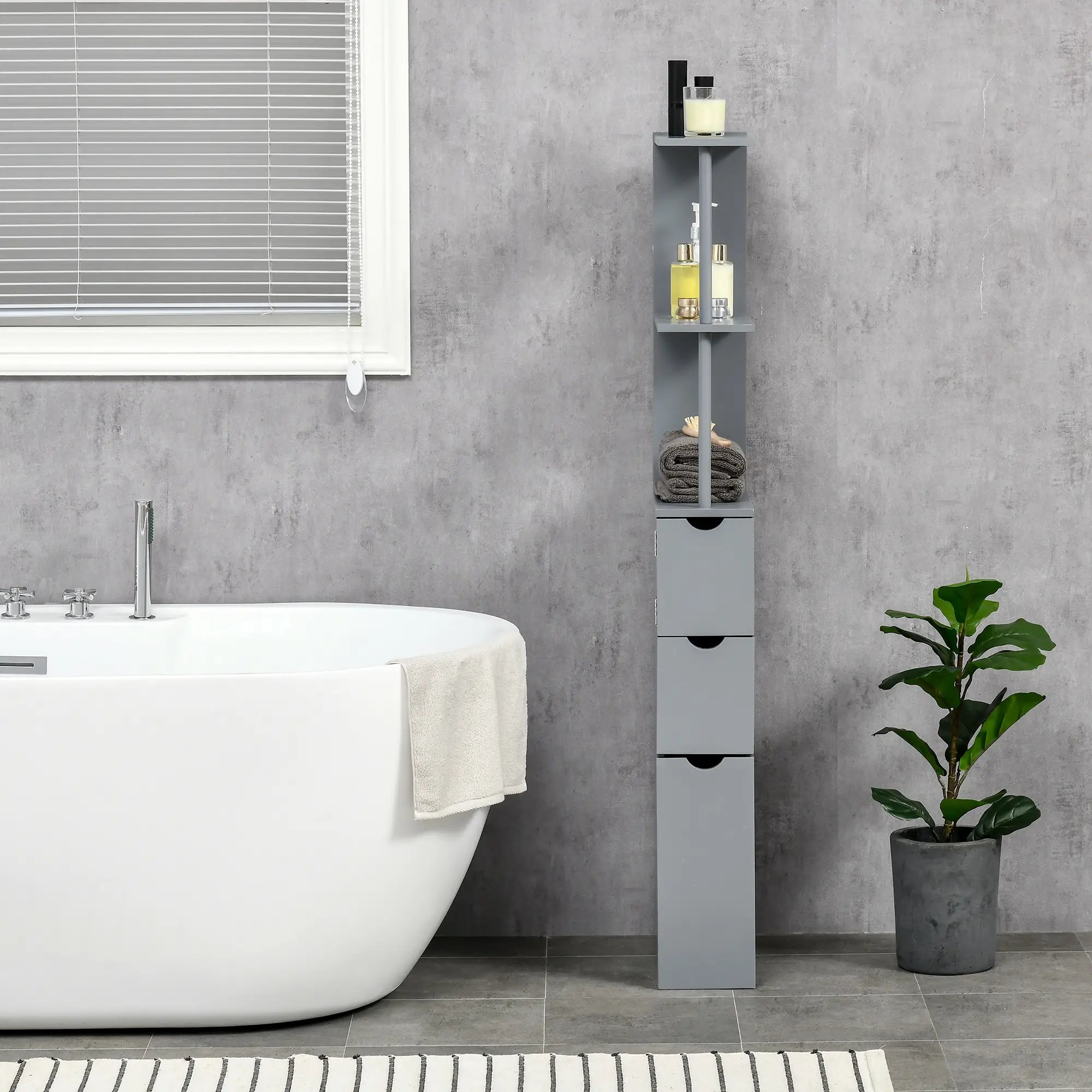Tall Narrow Bathroom Storage Cabinet with Drawers, Open Shelves, Grey Bathroom Cabinets at Gallery Canada