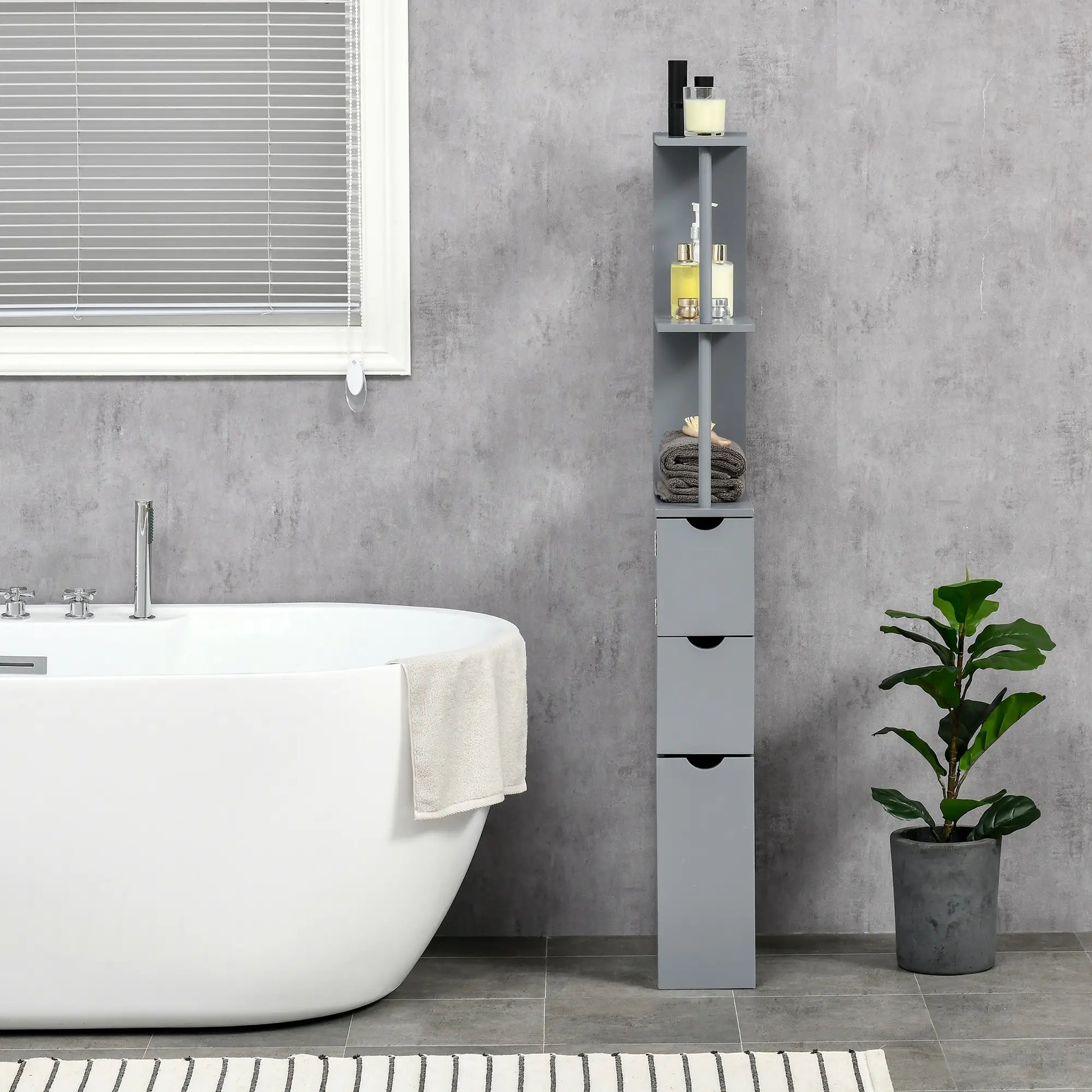 Tall Narrow Bathroom Storage Cabinet with Drawers, Open Shelves, Grey Bathroom Cabinets at Gallery Canada