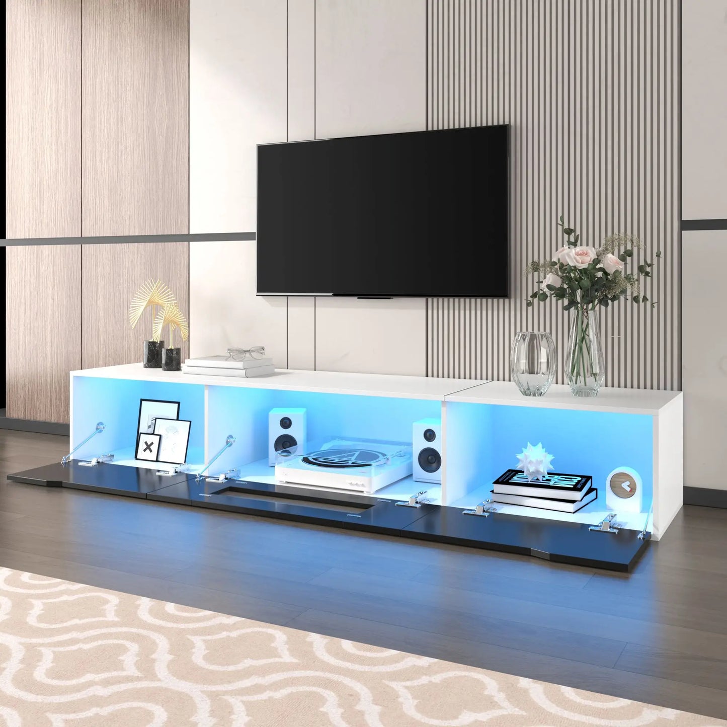 TV Stand With LED Lighting, 71" L x 12" W x 12" H, Black+White TV Stands at Gallery Canada