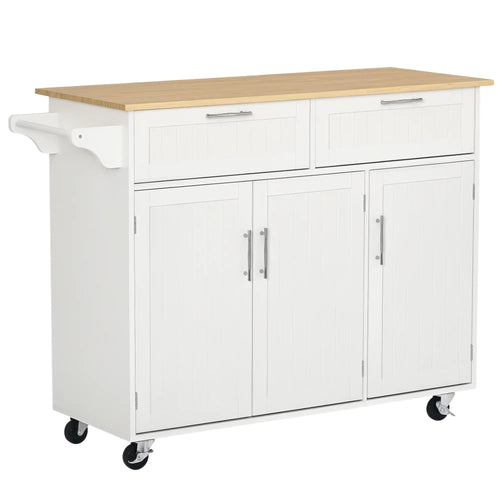 Rolling Kitchen Island, Cart with 2 Drawers, 3 Door Cabinets, 3-Doors, White