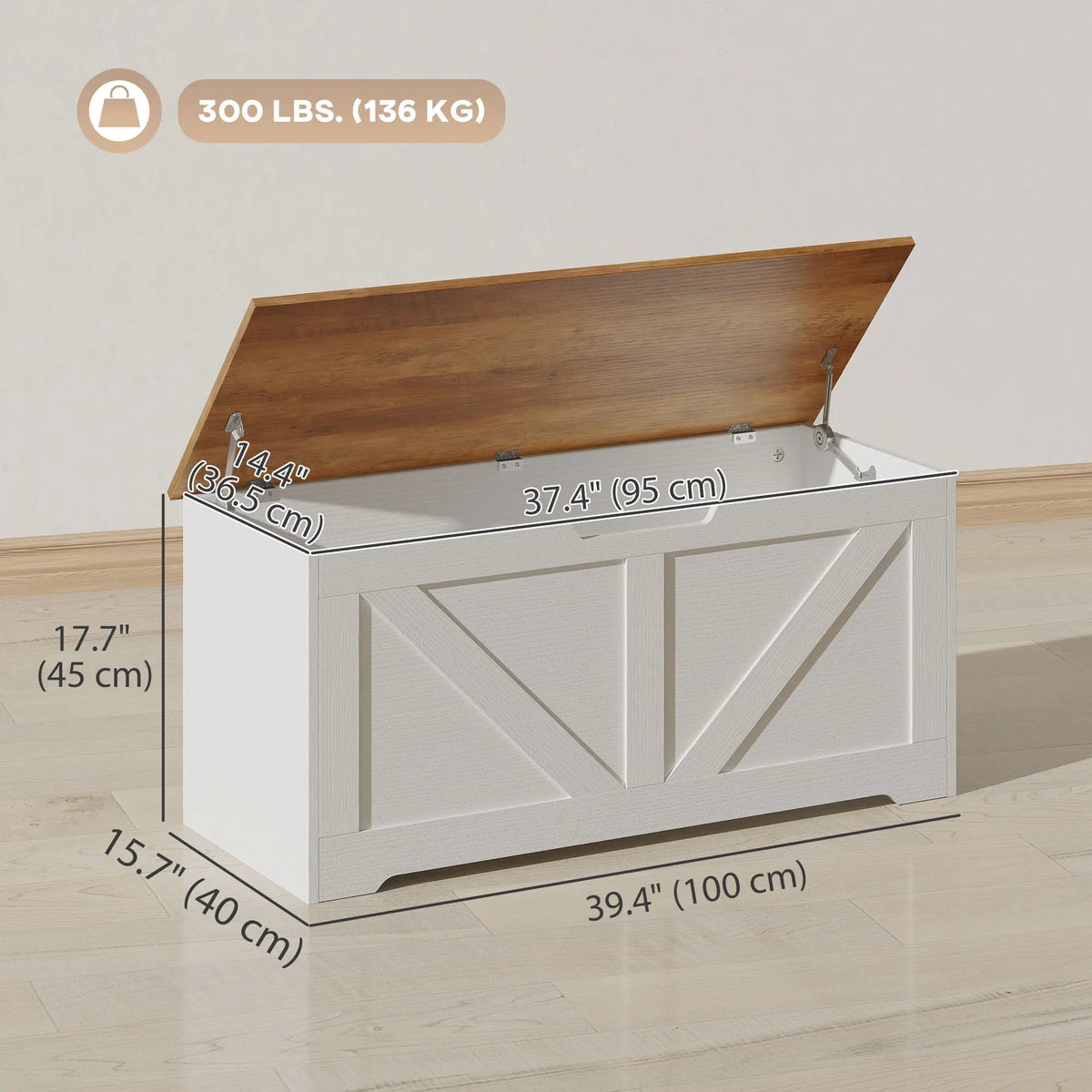 39.4 Inches Storage Chest, Brown White Wood Grain, Safety Hinges, Brown White Storage Cabinets at Gallery Canada