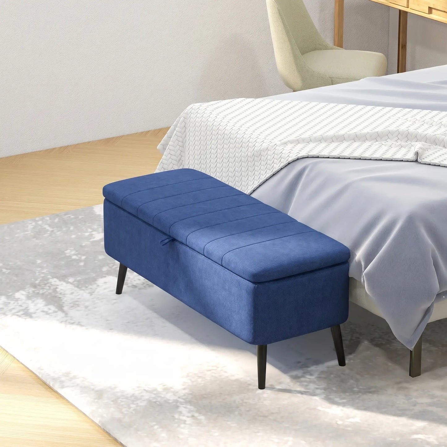 40" Ottoman with Storage, Linen Upholstered Bench, Dark Blue Storage Ottomans & Benches at Gallery Canada