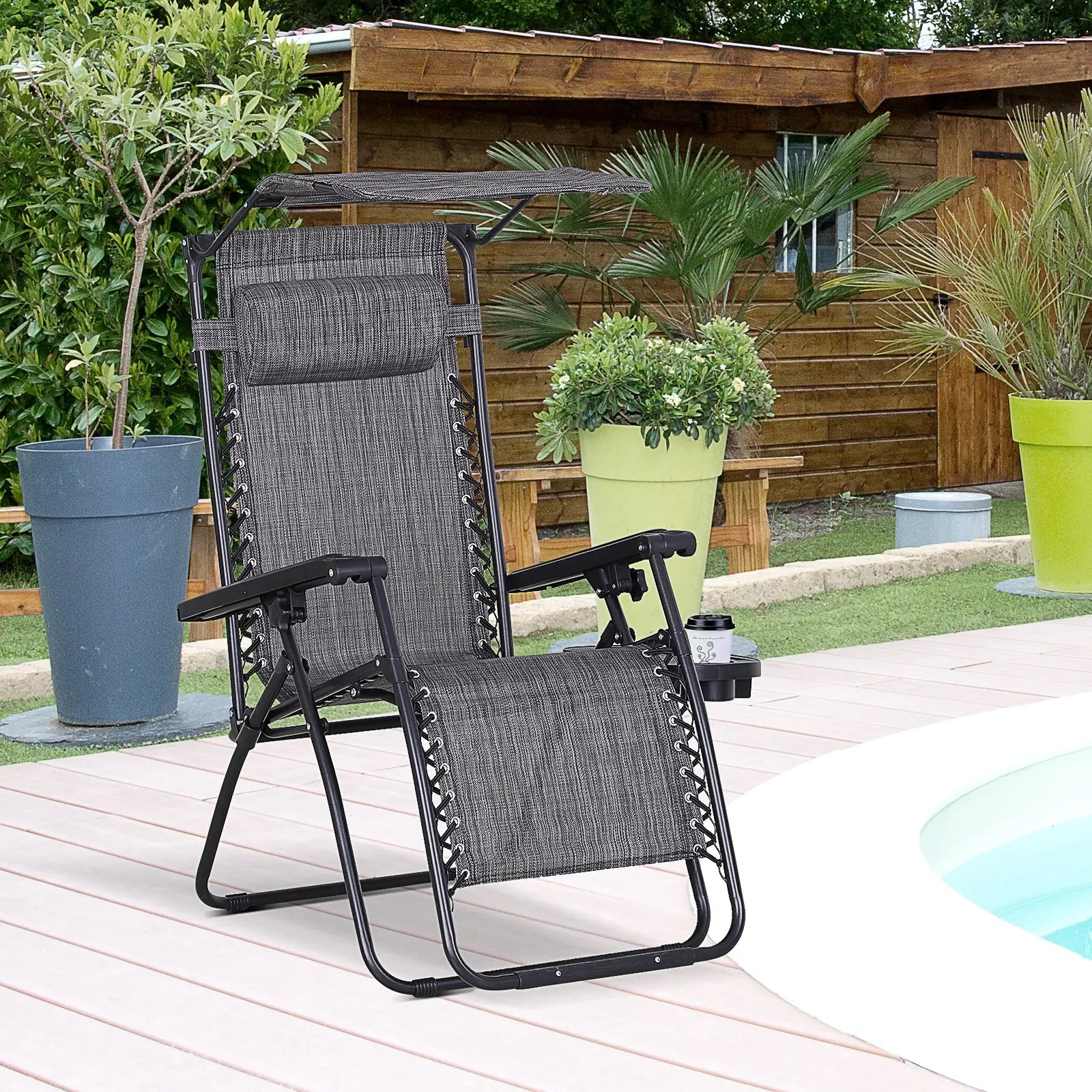 Zero Gravity Reclining Lounger Chair, Canopy Shade, Side Tray, Dark Grey Lounger Chairs at Gallery Canada