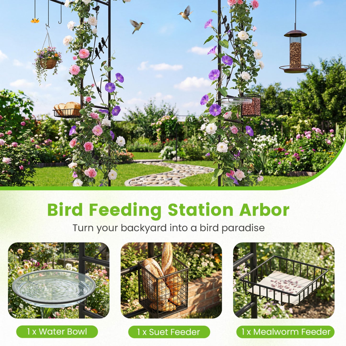 84 Inch Garden Arbor Feeding Station, Black