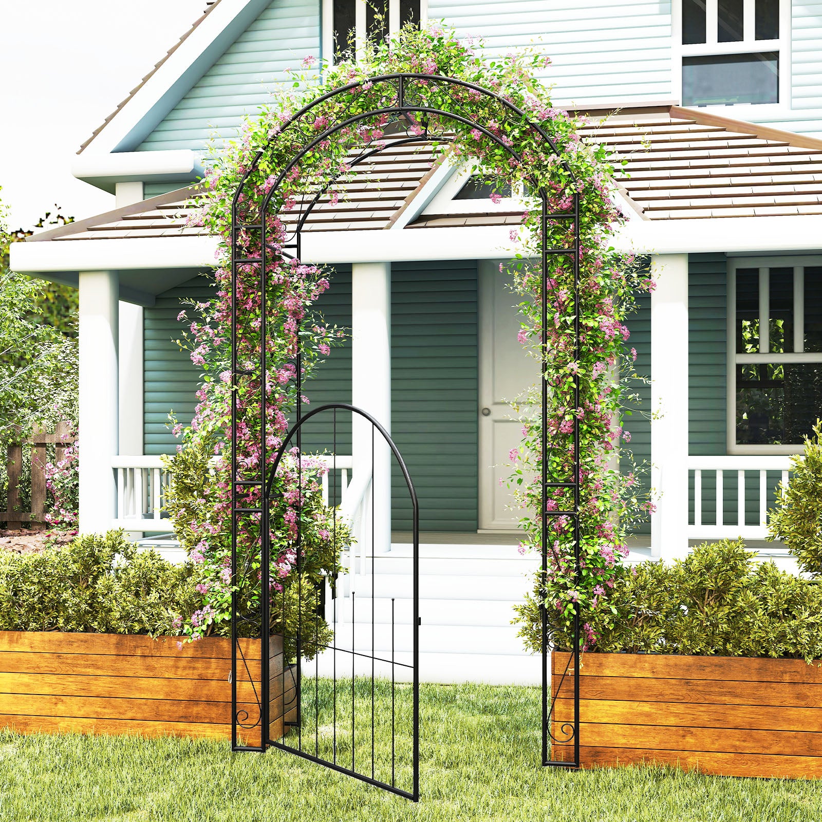 84 Inch Tall Garden Arch Metal Arbor Archway with Gate, Black Outdoor Decor at Gallery Canada