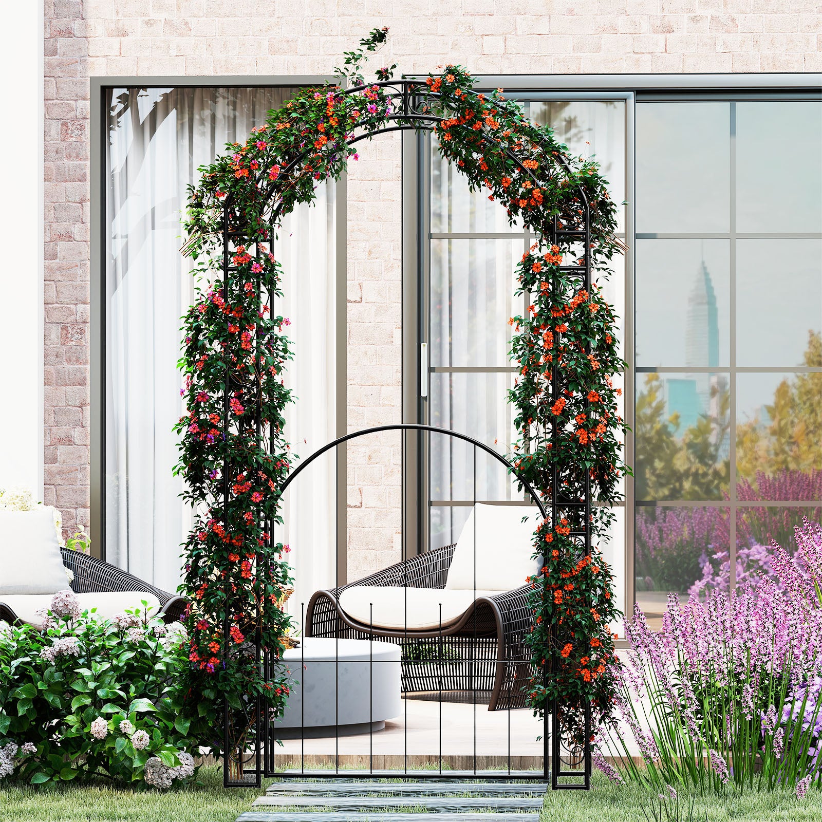 84 Inch Tall Garden Arch Metal Arbor Archway with Gate, Black Outdoor Decor at Gallery Canada