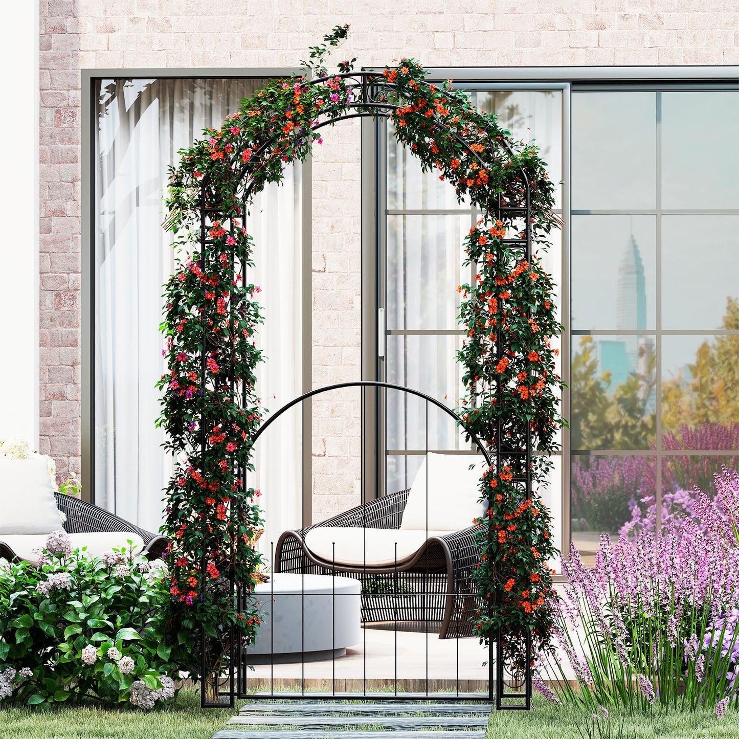 84 Inch Tall Garden Arch Metal Arbor Archway with Gate, Black Outdoor Decor at Gallery Canada