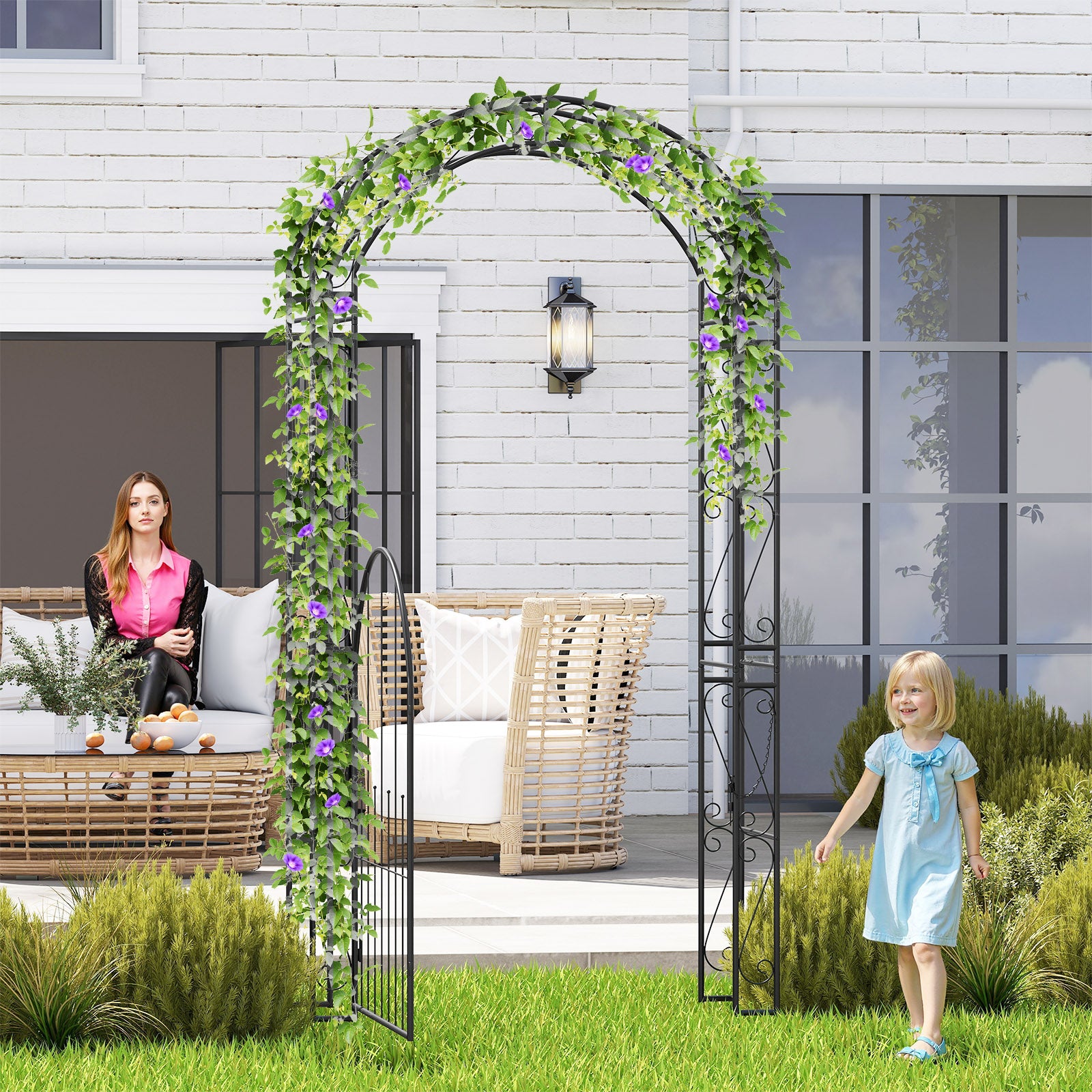 84 Inch Tall Garden Arch Metal Arbor Archway with Gate, Black Outdoor Decor at Gallery Canada