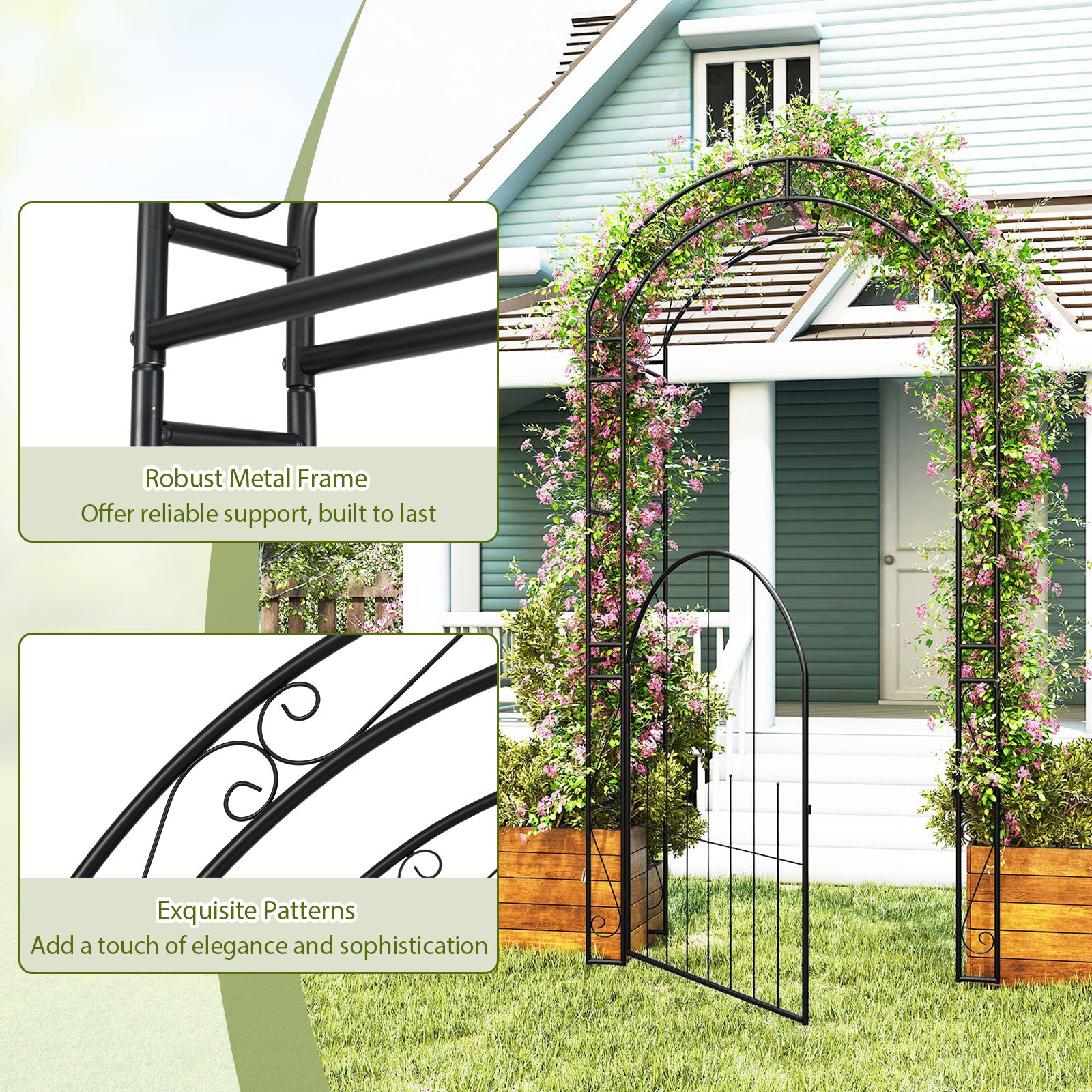 84 Inch Tall Garden Arch Metal Arbor Archway with Gate, Black Outdoor Decor at Gallery Canada