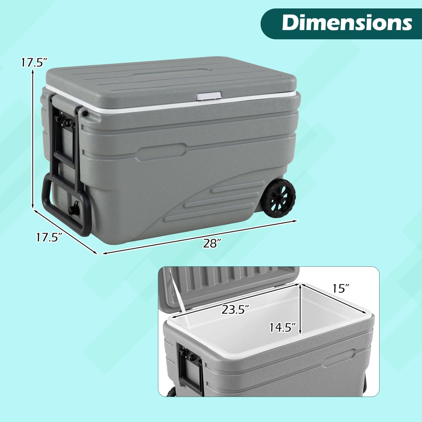 84 Quart Portable Wheeled Ice Cooler with Foldable Pull, Gray