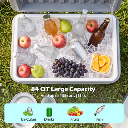 84 Quart Portable Wheeled Ice Cooler with Foldable Pull, Gray