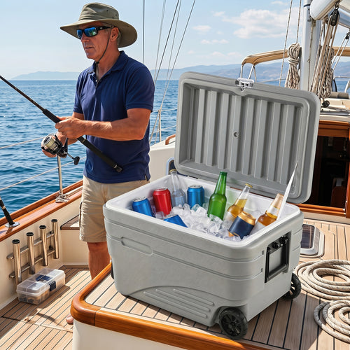 84 Quart Portable Wheeled Ice Cooler with Foldable Pull, Gray