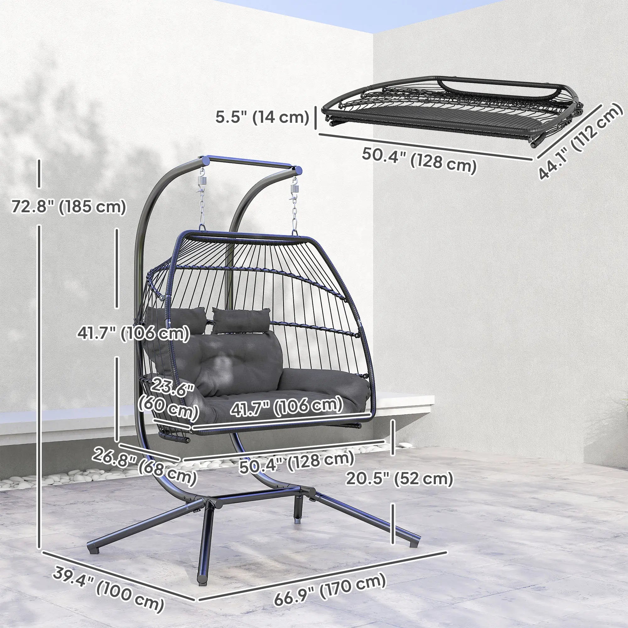 Double Wicker Egg Swing Chair, Foldable with Stand, UV Resistant Cushion, Headrest, Dark Grey Patio Swings with Stand at Gallery Canada