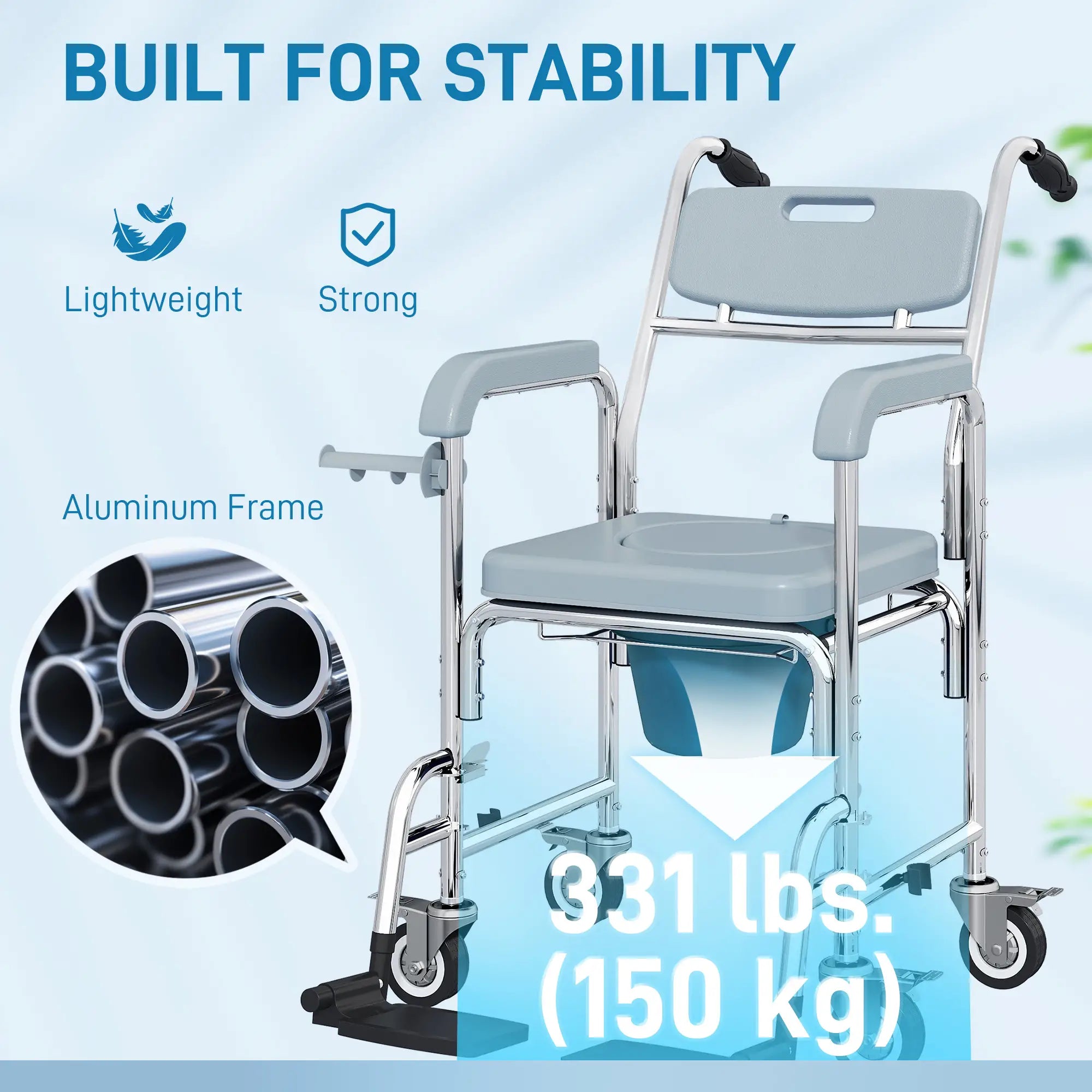 Rolling Shower Chair, Commode with Wheels, Backrest, Arms, Flip Footrests, Grey Bath Chairs at Gallery Canada