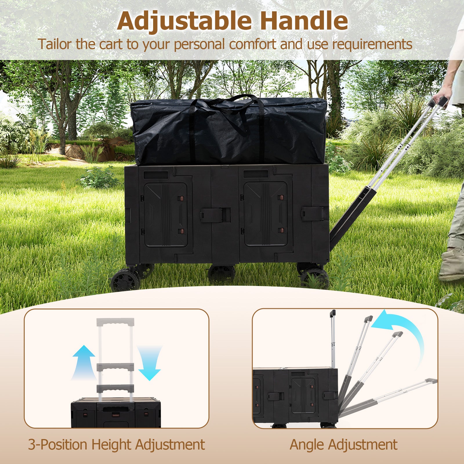 Large Foldable Utility Cart with 2-Tier Storage Crates and Telescoping Handle, Black Camping Furniture at Gallery Canada