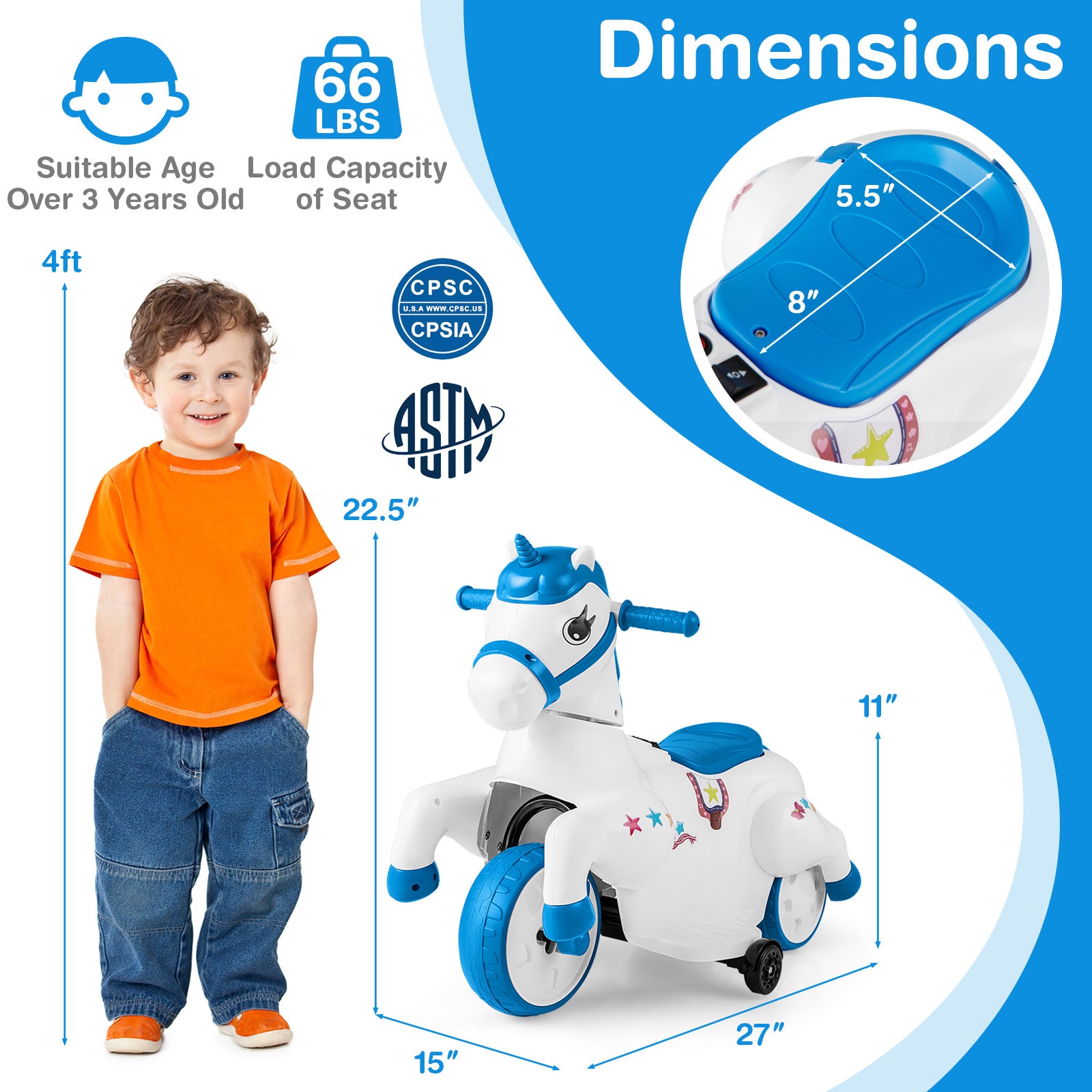 12V Unicorn Ride on Toy with Training Wheels and Horse Riding Mode, Navy Powered Ride On Toys at Gallery Canada