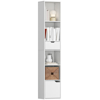 6-Tier Bookcase, Tall Narrow Bookshelf with Drawer and Door, White Display Bookshelves at Gallery Canada