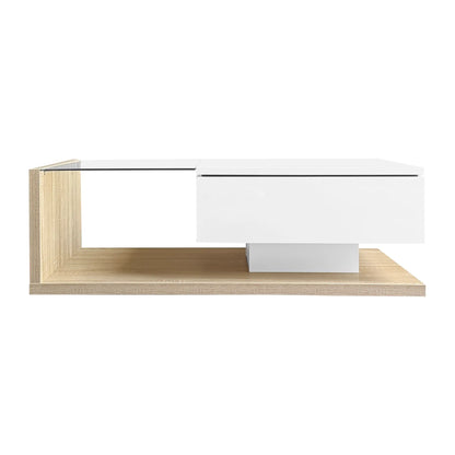 Modern Coffee Table, Glass LED Effect, Storage, 41.5" L x 21.5" W x 12.5" H, White+Wood, White, Wood Coffee Tables at Gallery Canada