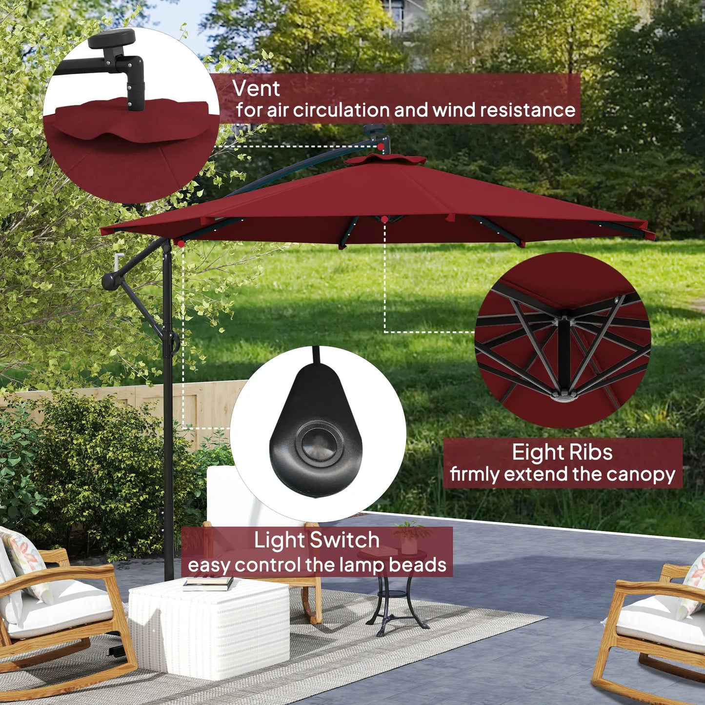 10ft Banana Umbrella, Solar Lights, Adjustable Angle, Wine Red Offset Cantilever Umbrellas at Gallery Canada