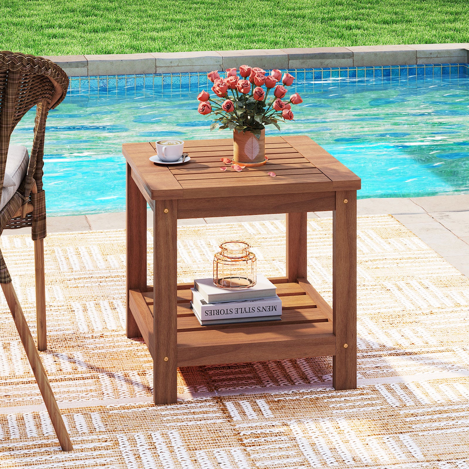 2-Tier Outdoor Side Table with Storage Shelf for Patio, Natural Patio Coffee Tables at Gallery Canada