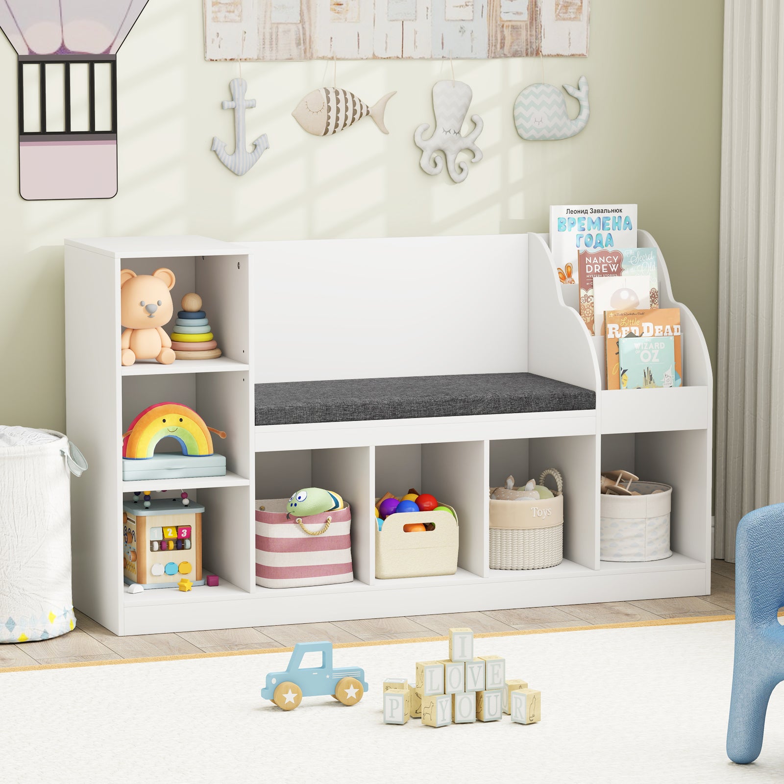 Kids Bookcase with Reading Nook 3-in-1 Standing Toy Organizer, White Kids Storage at Gallery Canada
