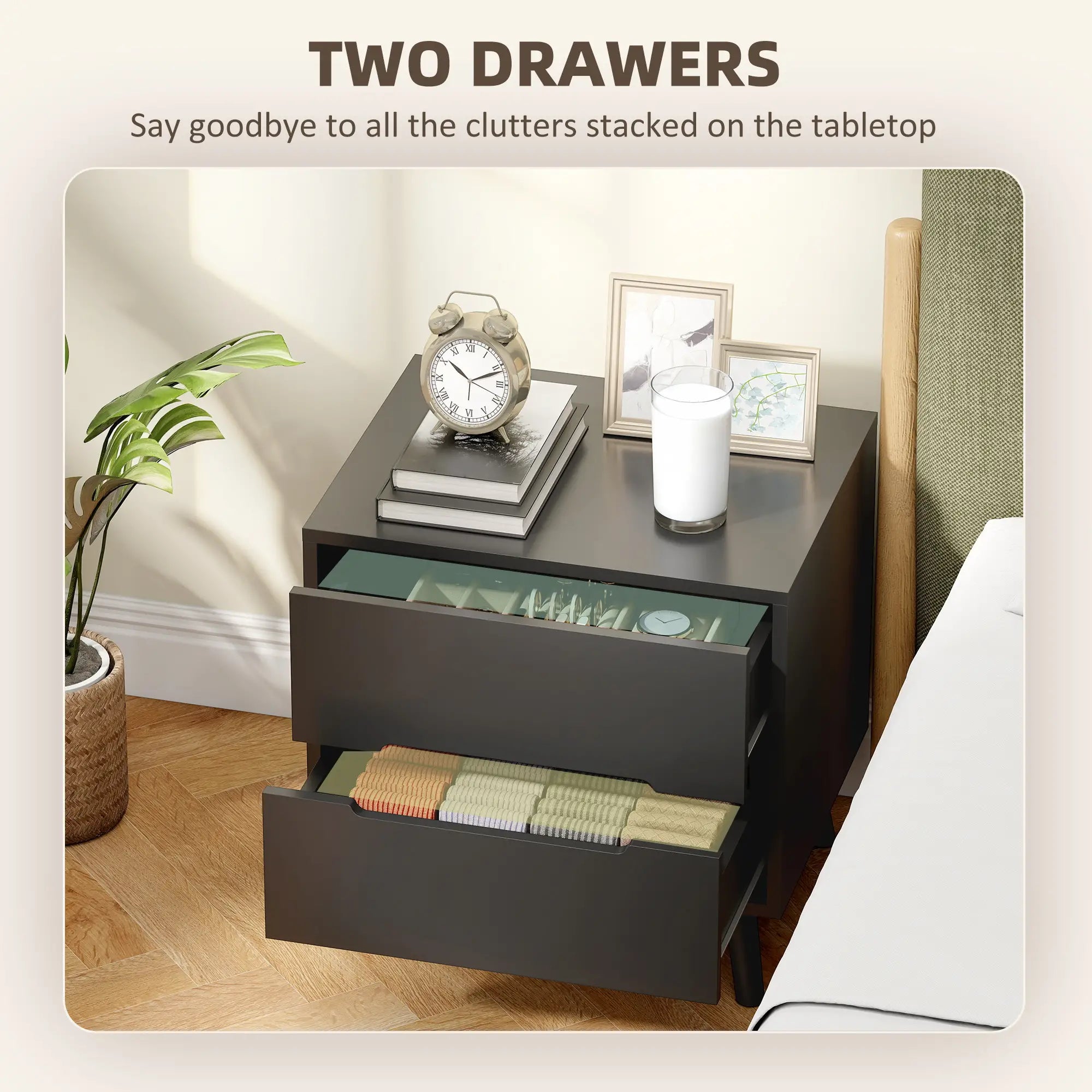 Modern Nightstands Set Of 2, 2 Drawers, Solid Wood Legs, Black Bedside Tables at Gallery Canada