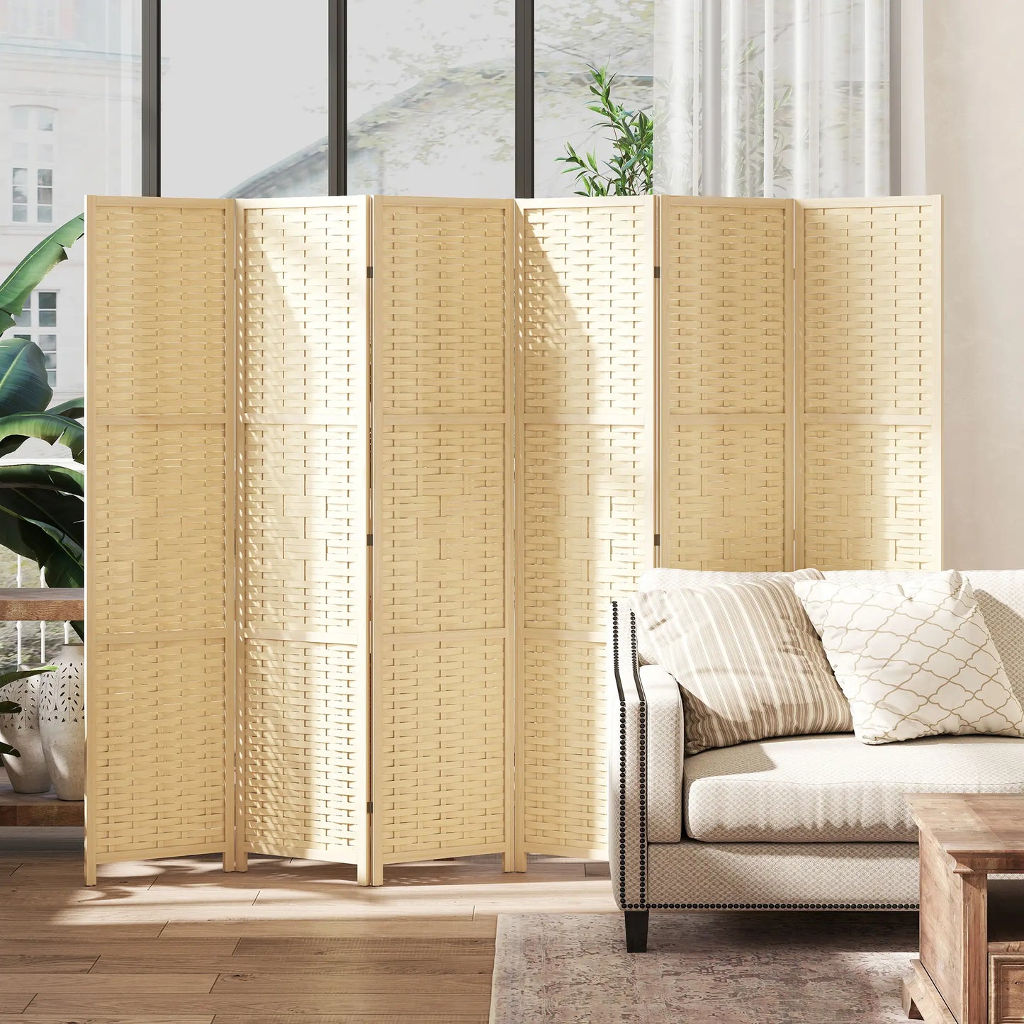 6-Panel Room Divider, 5.6 FT Freestanding Folding Privacy Screen, Natural Wood Room Dividers at Gallery Canada