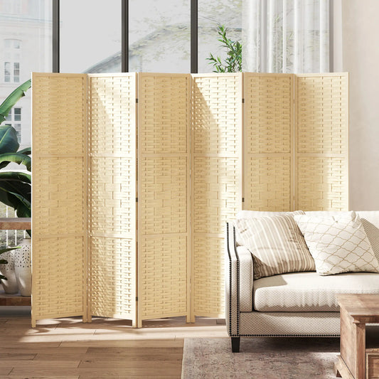 6-Panel Room Divider, 5.6 FT Freestanding Folding Privacy Screen, Natural Wood