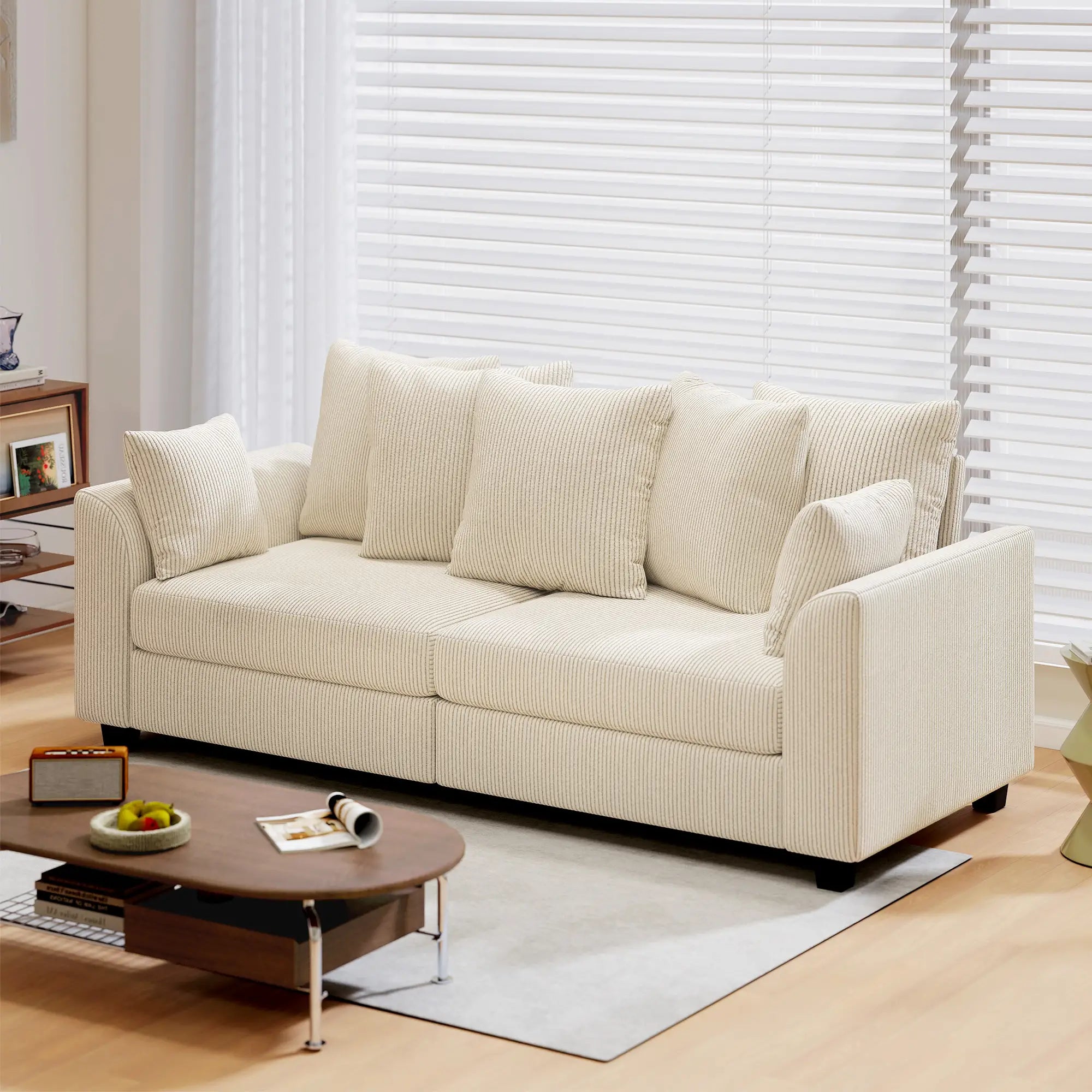 Corduroy Couch, 3 Seater Sofa, Modern with Curved Armrests, 8 Pillows, Beige 3-Seater Sofas at Gallery Canada