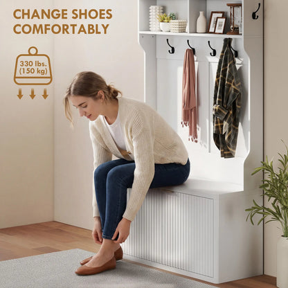 4-In-1 Hall Tree With Shoe Bench, Modern Coat Rack With Open Shelf, White Clothing Storage at Gallery Canada
