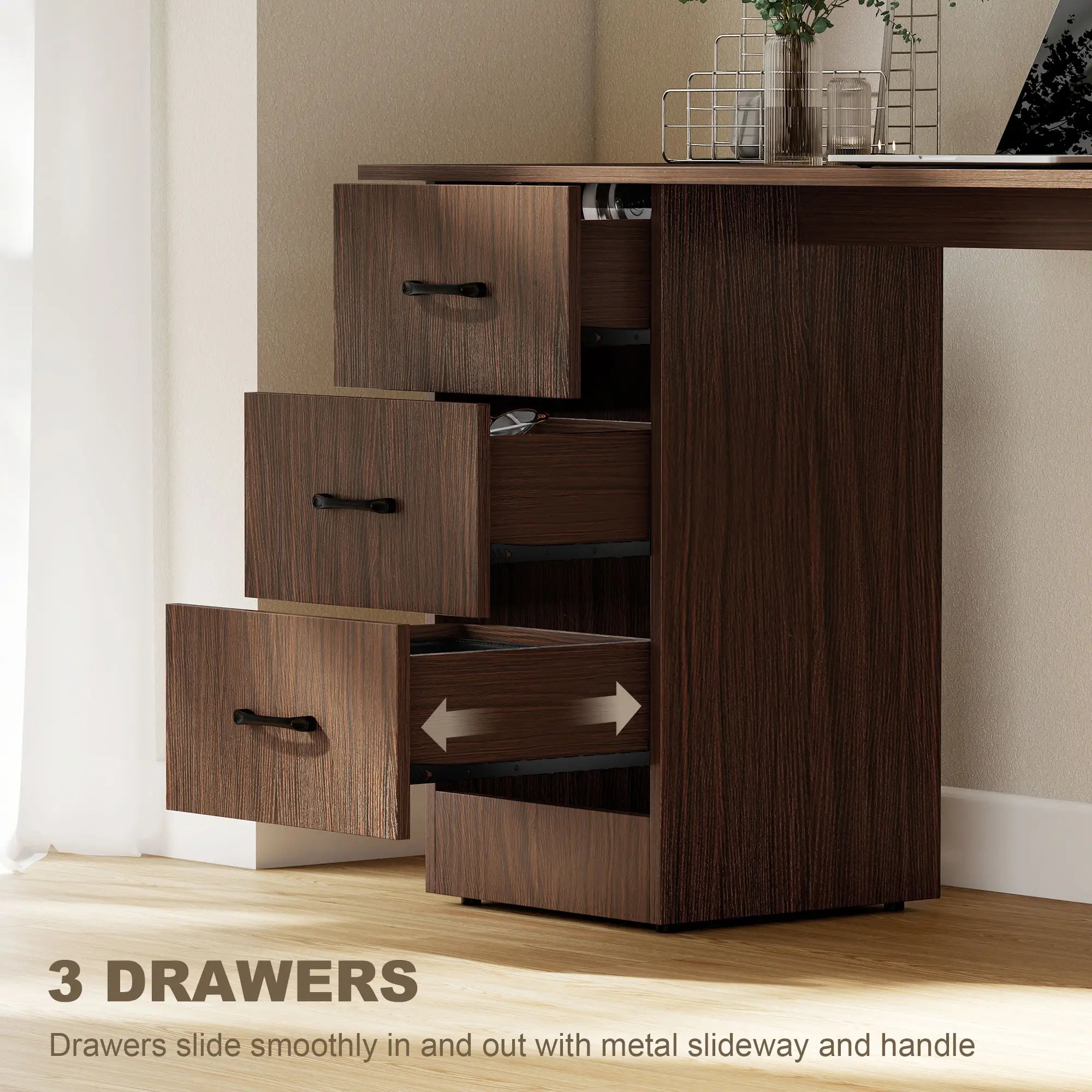 55 Inch Computer Desk, 3-Tier Shelves, 3 Reversible Drawers, Walnut Computer Desks at Gallery Canada
