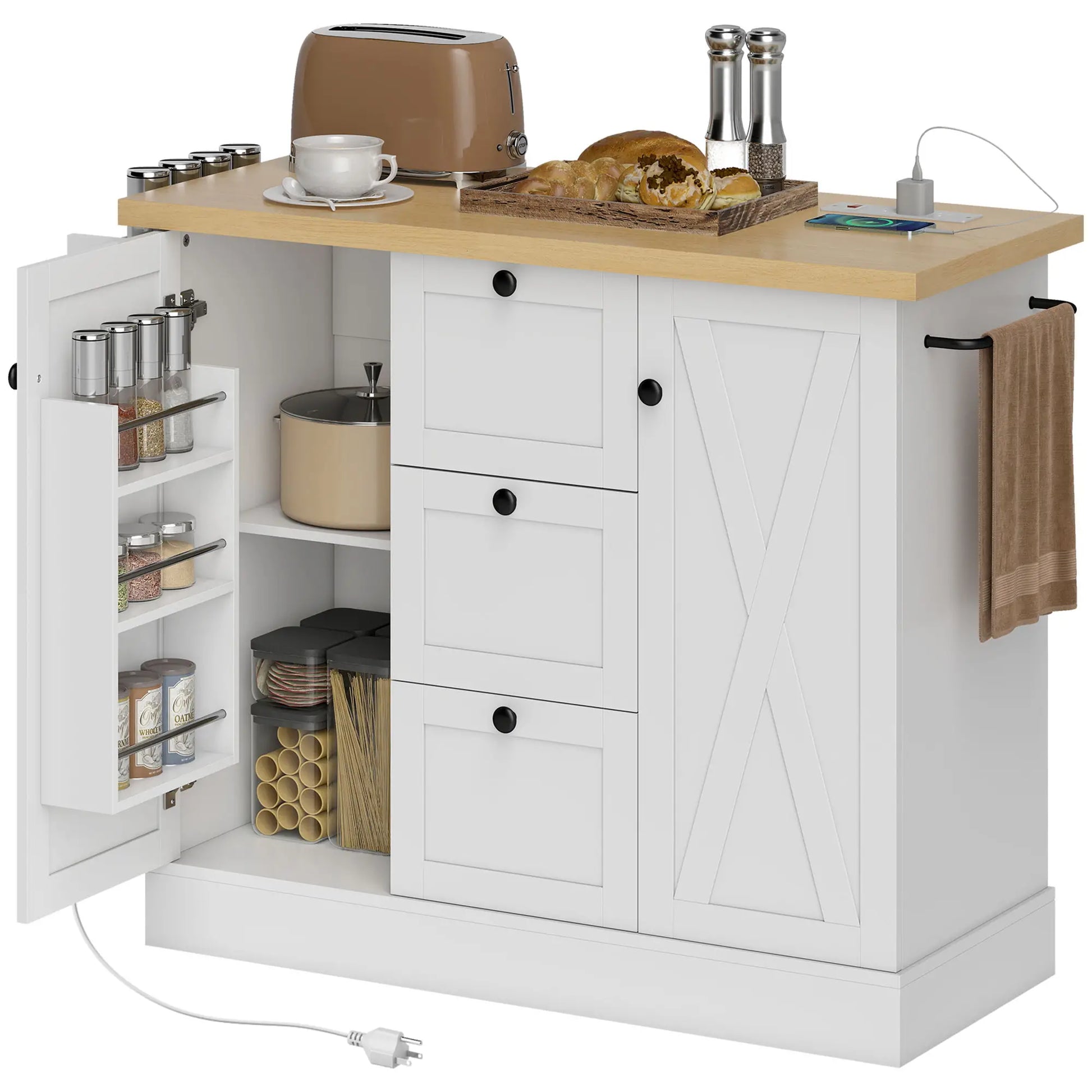Farmhouse Kitchen Island Cart with Power Outlet, 49 Inch, White Kitchen Islands & Kitchen Carts at Gallery Canada