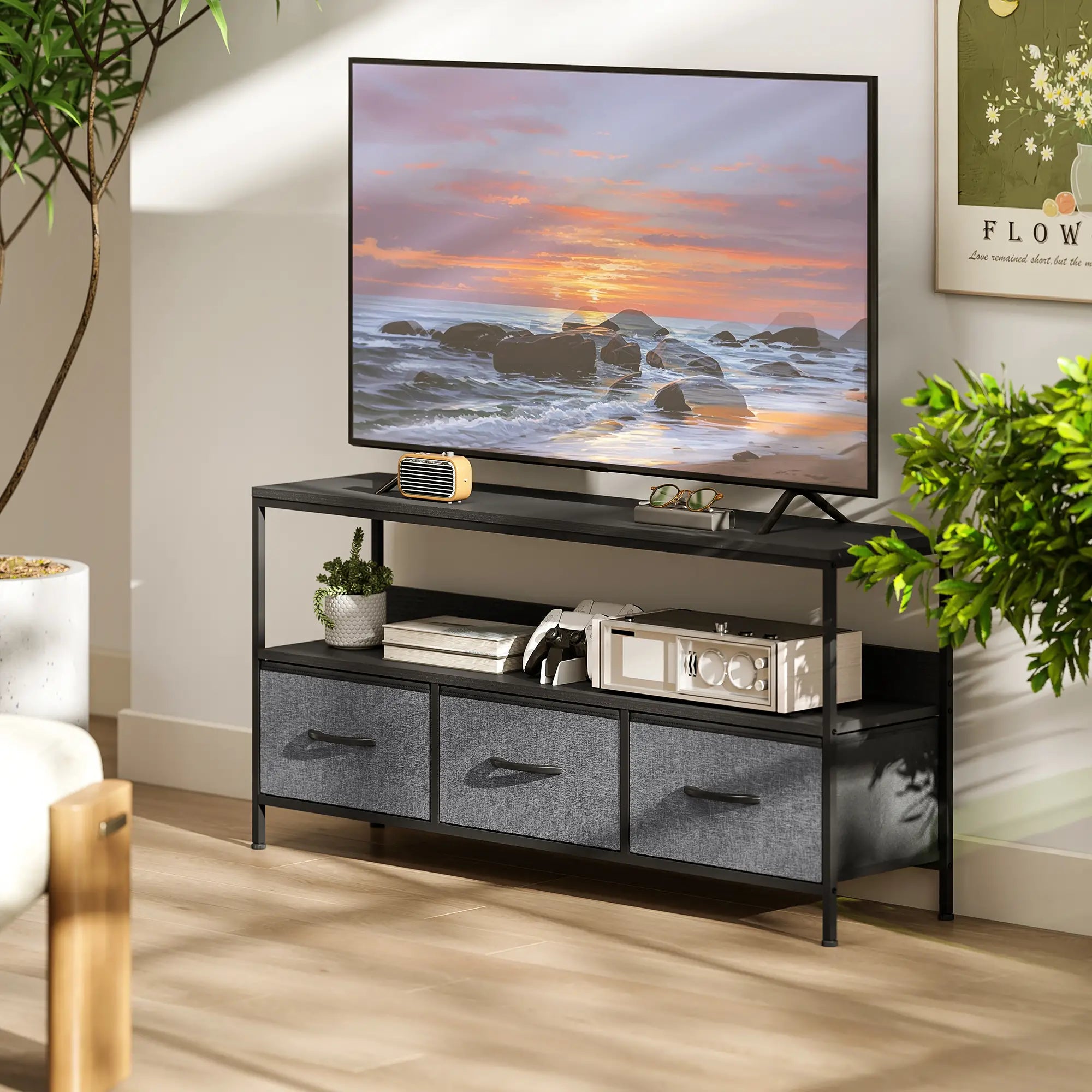 TV Stand with Charging Station, 3 Foldable Drawers, Open Shelf, 55 Inch, Black TV Stands at Gallery Canada
