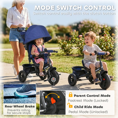 6 in 1 Tricycle for Toddlers, Parent-Push Handle, Dark Blue Tricycles for Kids at Gallery Canada