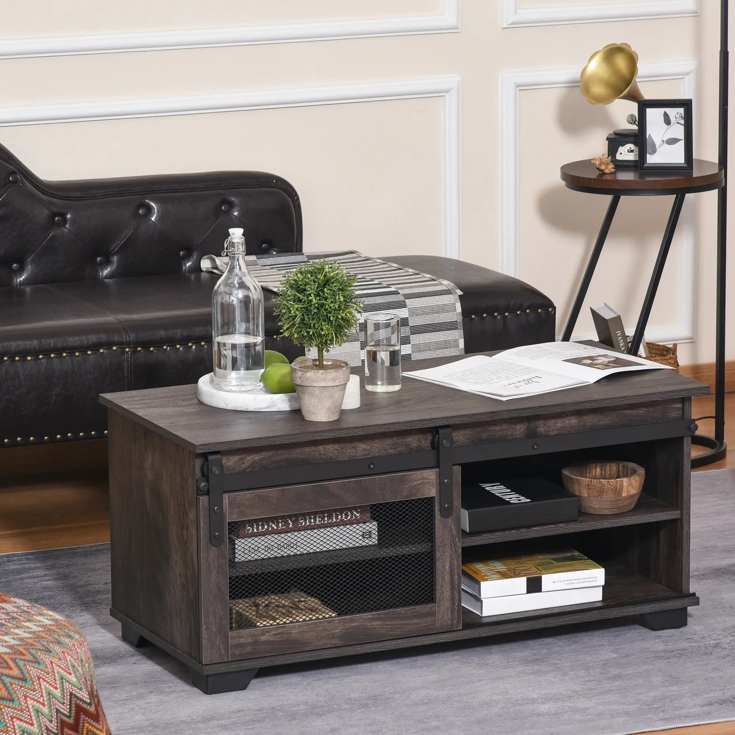 Farmhouse Coffee Table, Sliding Mesh Barn Door, Adjustable Shelf, Dark Brown Coffee Tables at Gallery Canada