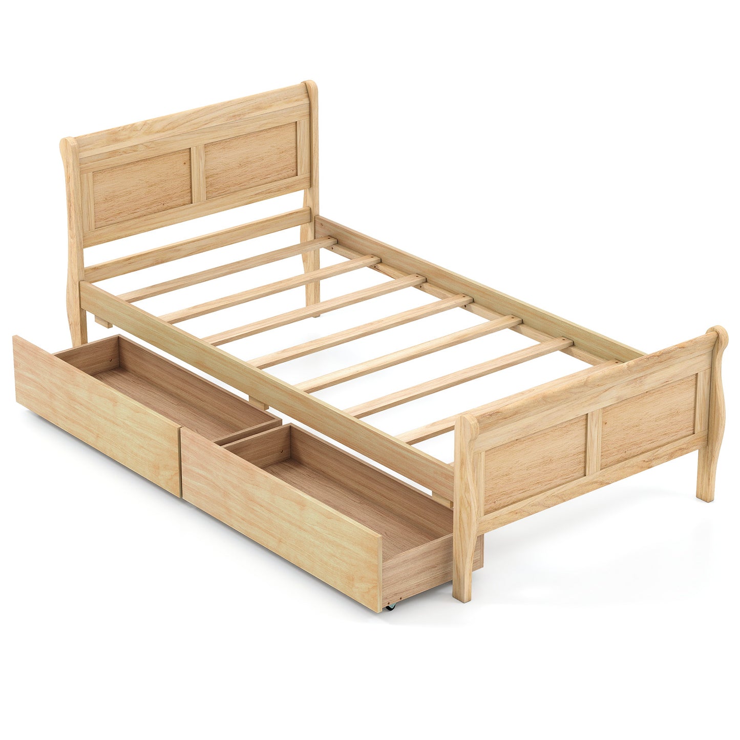 Twin Sleigh Bed With 2 Storage Drawers, Wood Platform Frame, Natural Simple Bed Frame at Gallery Canada
